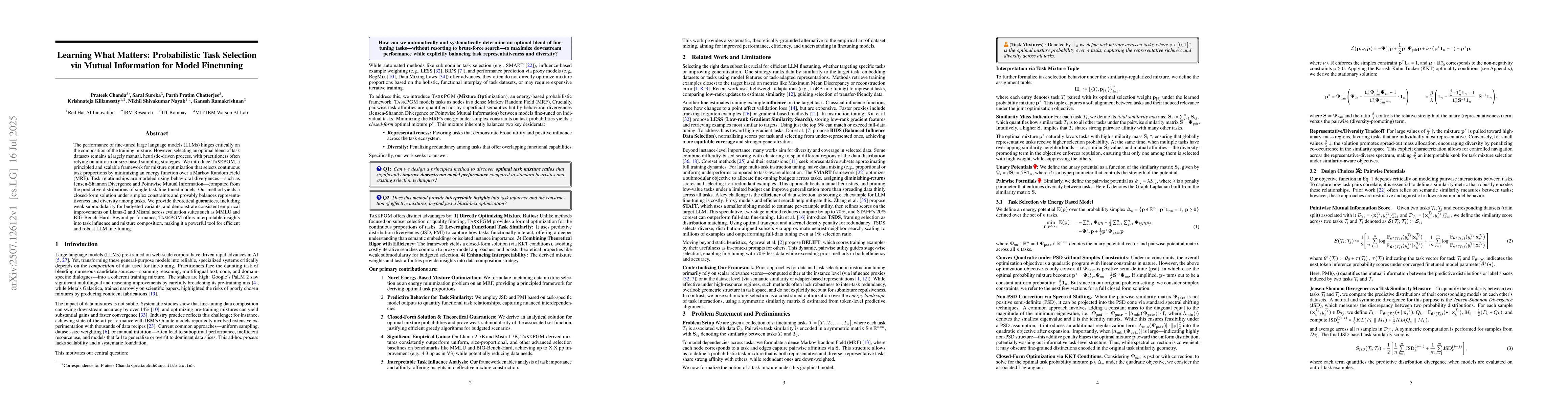 Thumbnail for Learning What Matters: Probabilistic Task Selection via Mutual
  Information for Model Finetuning