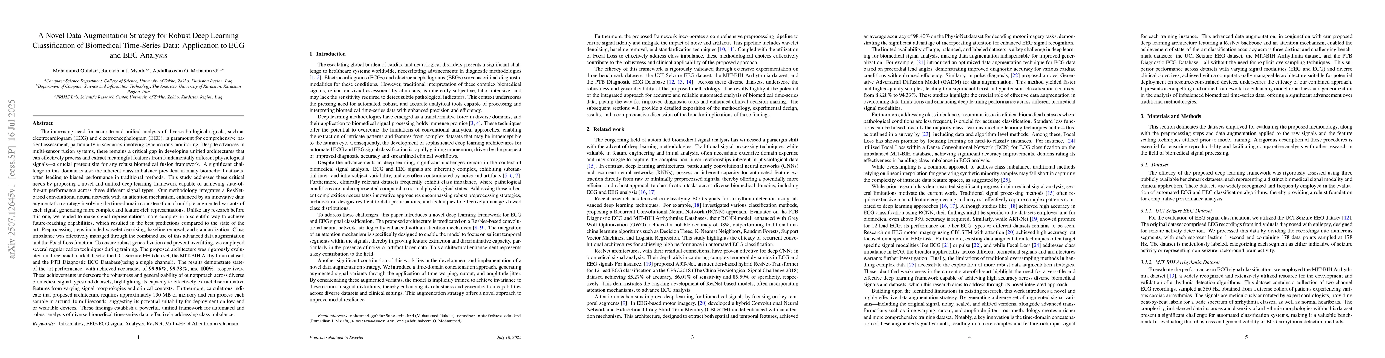Thumbnail for A Novel Data Augmentation Strategy for Robust Deep Learning
  Classification of Biomedical Time-Series Data: Application to ECG and EEG
  Analysis