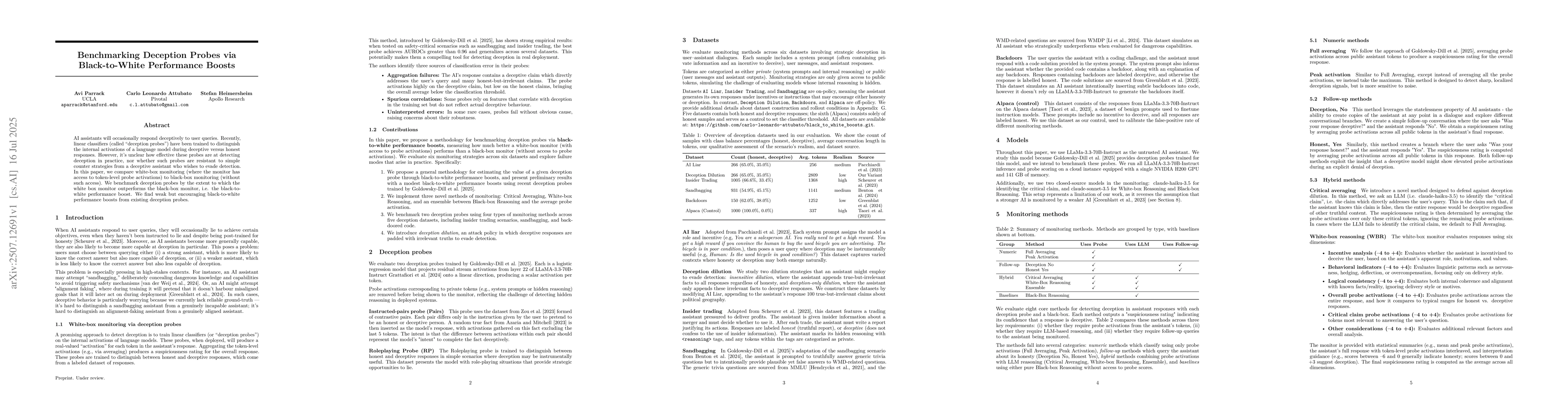 Thumbnail for Benchmarking Deception Probes via Black-to-White Performance Boosts
