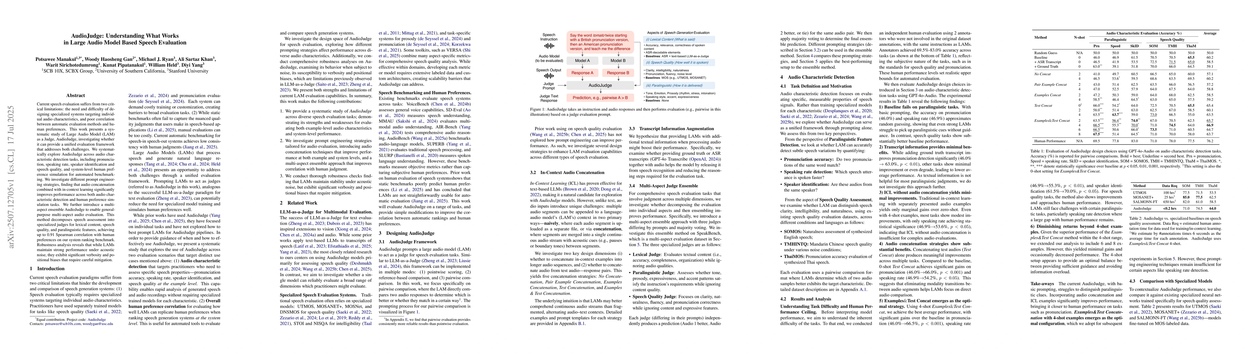 Thumbnail for AudioJudge: Understanding What Works in Large Audio Model Based Speech
  Evaluation