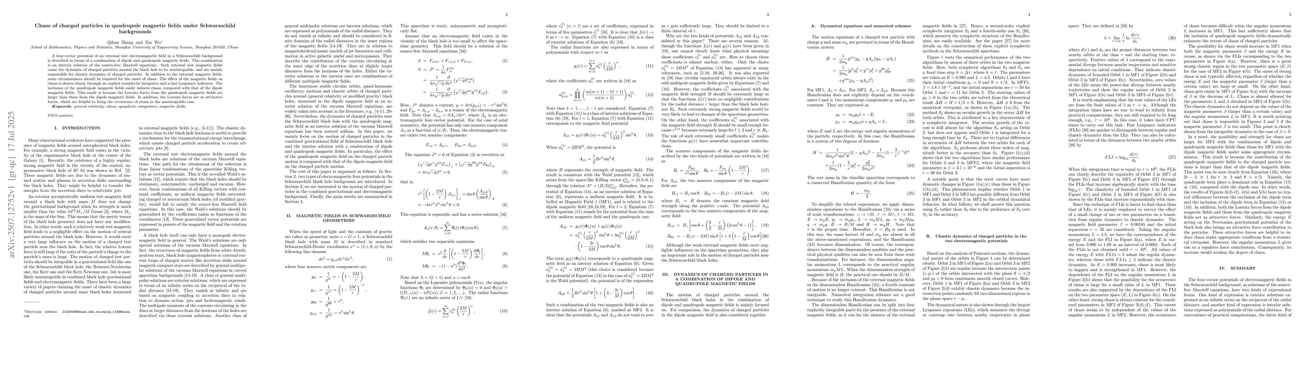 Thumbnail for Chaos of charged particles in quadrupole magnetic fields under
  Schwarzschild backgrounds