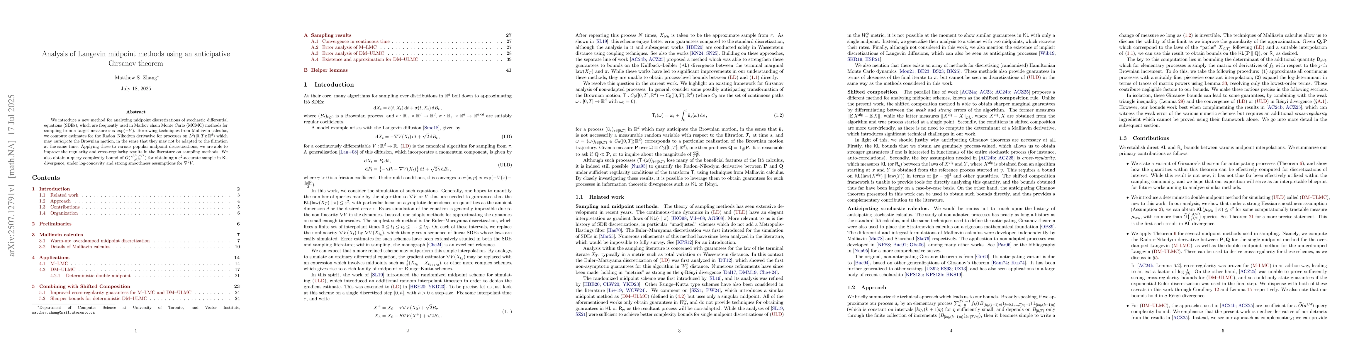 Thumbnail for Analysis of Langevin midpoint methods using an anticipative Girsanov
  theorem