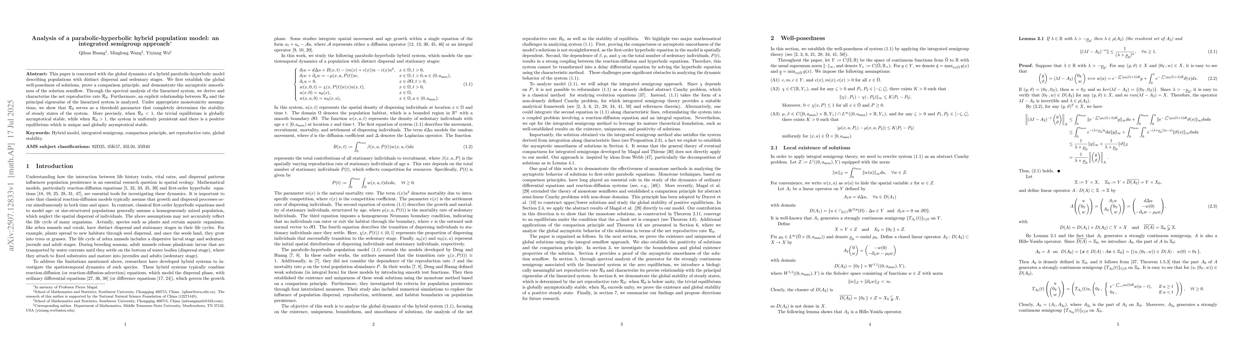 Thumbnail for Analysis of a parabolic-hyperbolic hybrid population model: an
  integrated semigroup approach