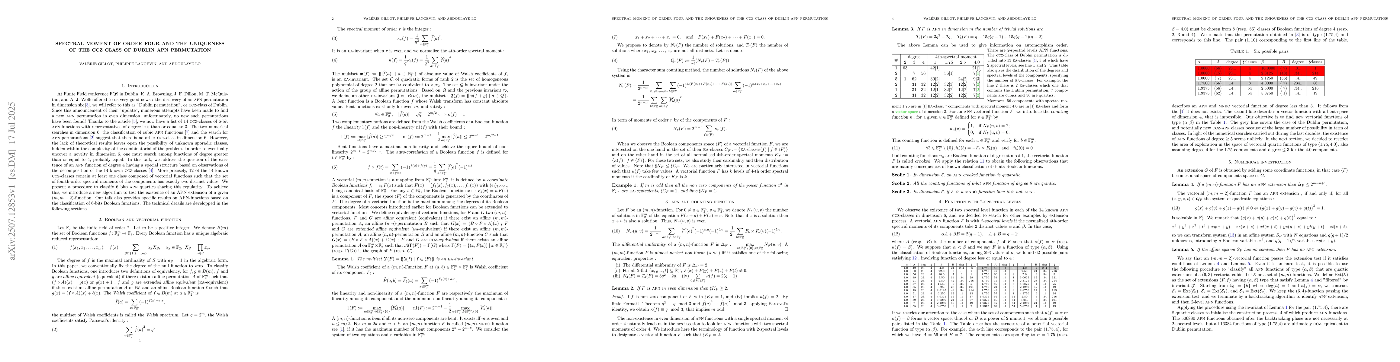 Thumbnail for Spectral Moment of Order Four and the Uniqueness of the CCZ class of
  Dublin APN Permutation