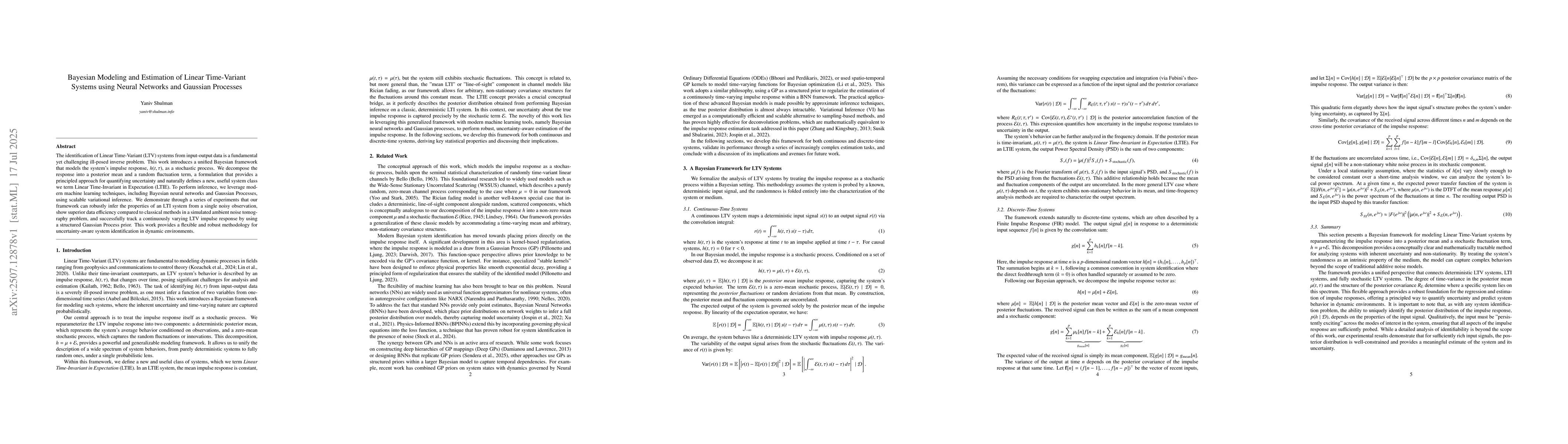 Thumbnail for Bayesian Modeling and Estimation of Linear Time-Variant Systems using
  Neural Networks and Gaussian Processes