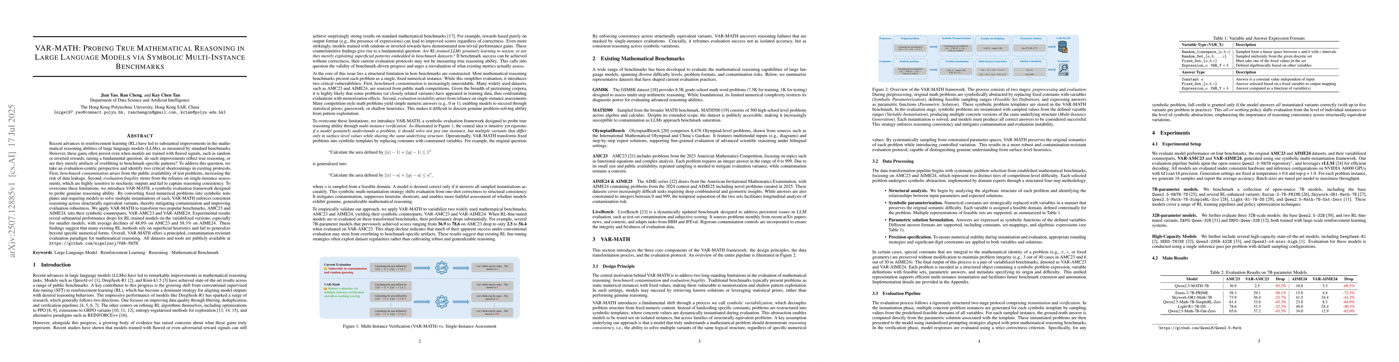 Thumbnail for VAR-MATH: Probing True Mathematical Reasoning in Large Language Models
  via Symbolic Multi-Instance Benchmarks