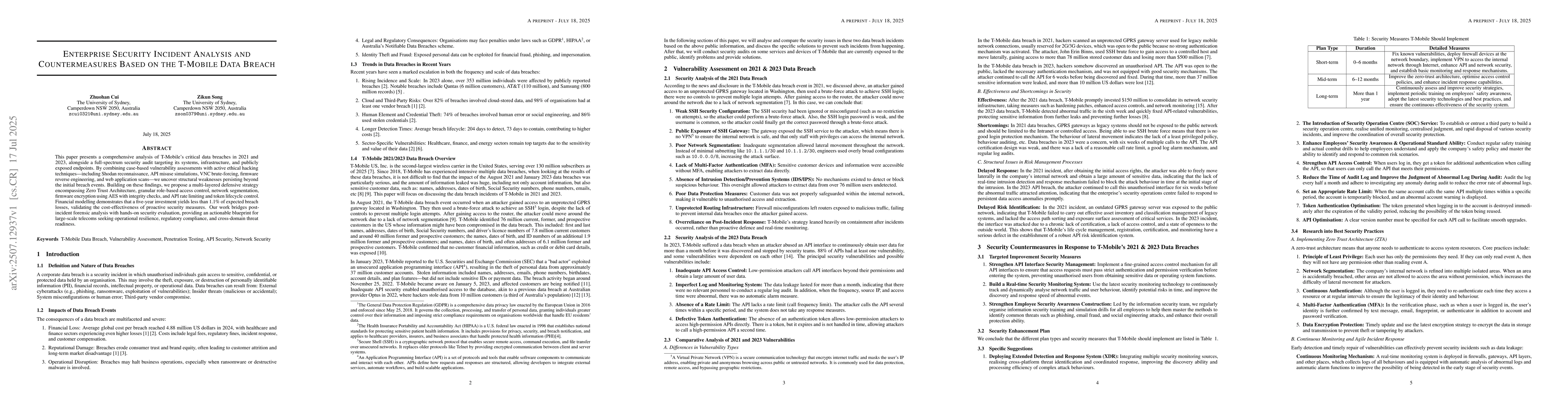 Thumbnail for Enterprise Security Incident Analysis and Countermeasures Based on the
  T-Mobile Data Breach