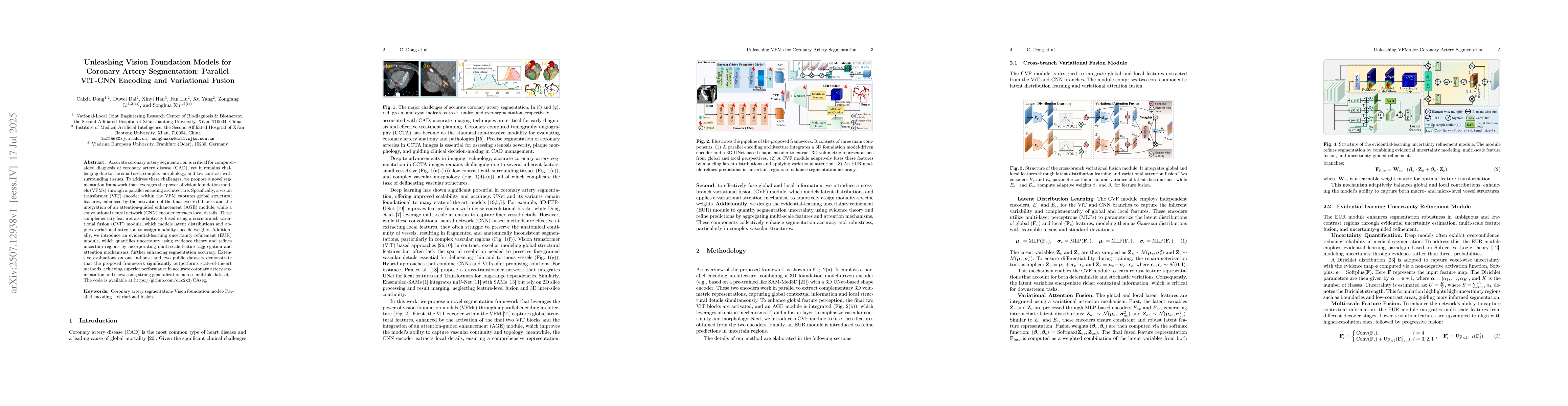 Thumbnail for Unleashing Vision Foundation Models for Coronary Artery Segmentation:
  Parallel ViT-CNN Encoding and Variational Fusion