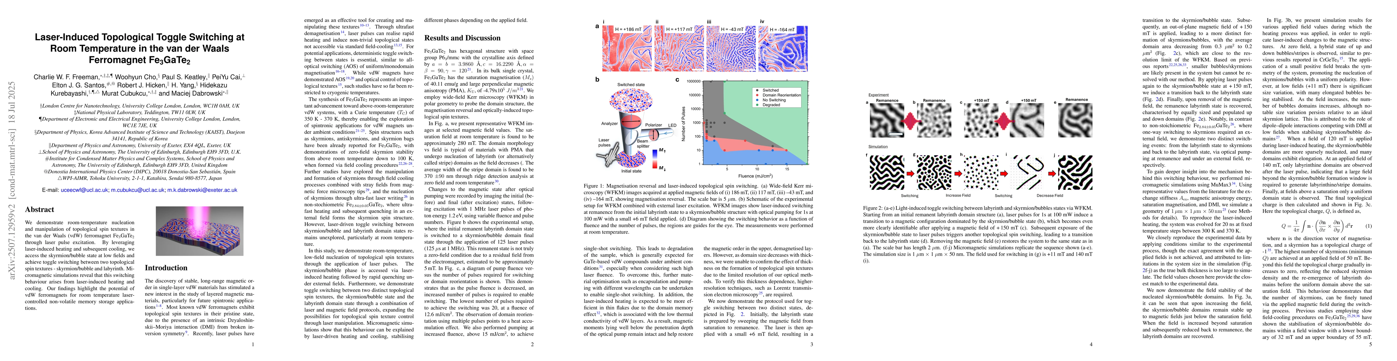 Thumbnail for Laser-Induced Topological Toggle Switching at Room Temperature in the
  van der Waals Ferromagnet \ce{Fe3GaTe2}