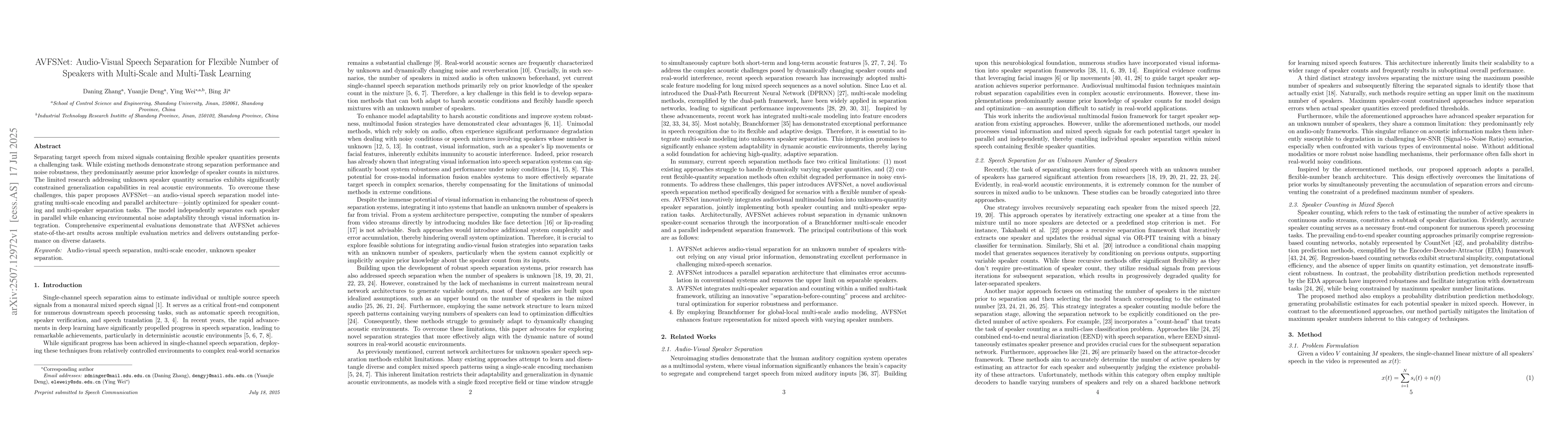 Thumbnail for AVFSNet: Audio-Visual Speech Separation for Flexible Number of Speakers
  with Multi-Scale and Multi-Task Learning