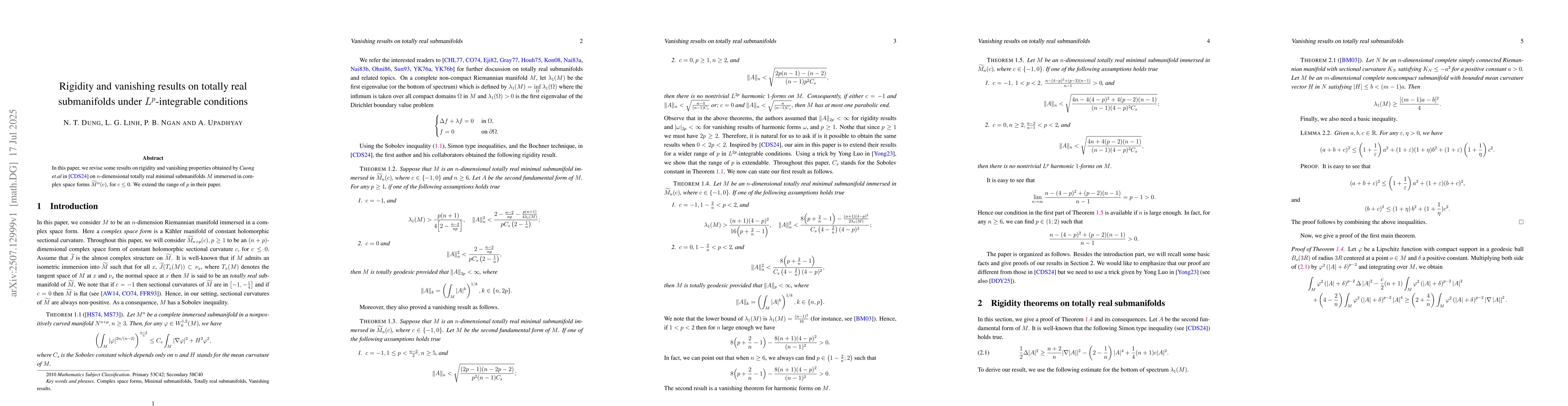 Thumbnail for Rigidity and vanishing results on totally real submanifolds under
  $L^p$-integrable conditions