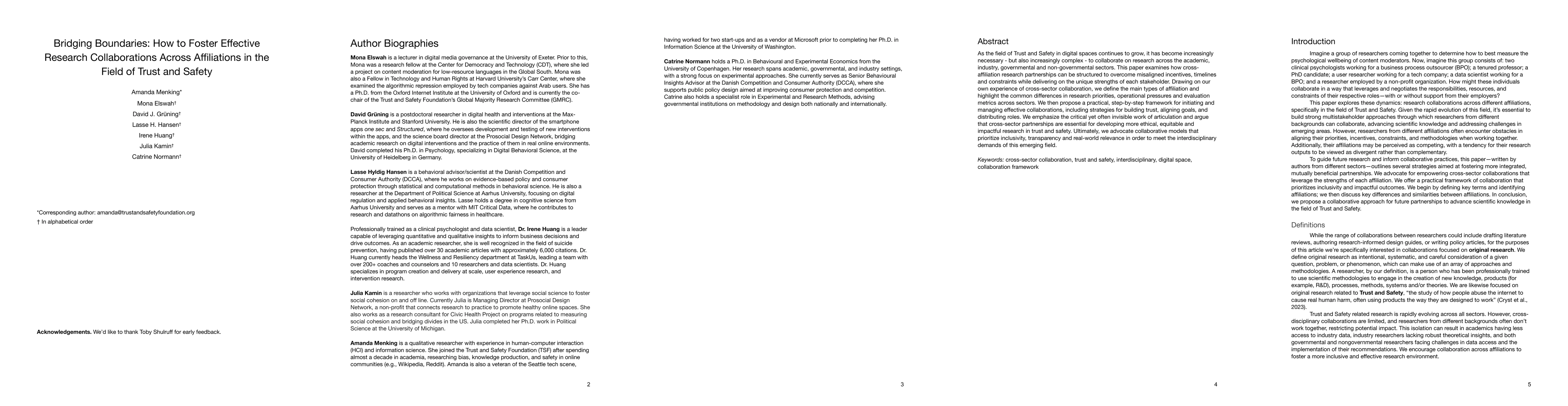 Thumbnail for Bridging Boundaries: How to Foster Effective Research Collaborations
  Across Affiliations in the Field of Trust and Safety