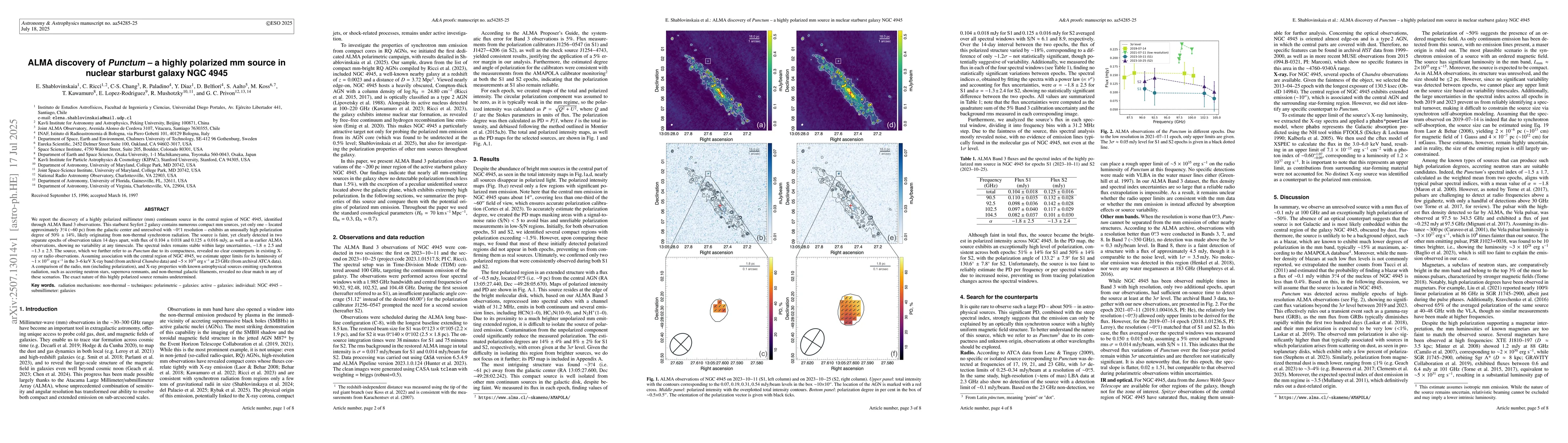 Thumbnail for ALMA discovery of Punctum -- a highly polarized mm source in nuclear
  starburst galaxy NGC 4945