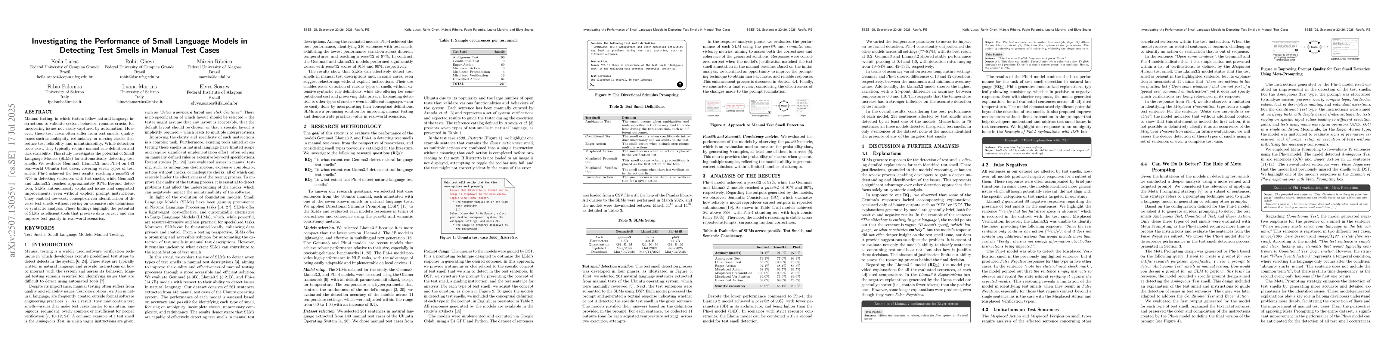 Thumbnail for Investigating the Performance of Small Language Models in Detecting Test
  Smells in Manual Test Cases