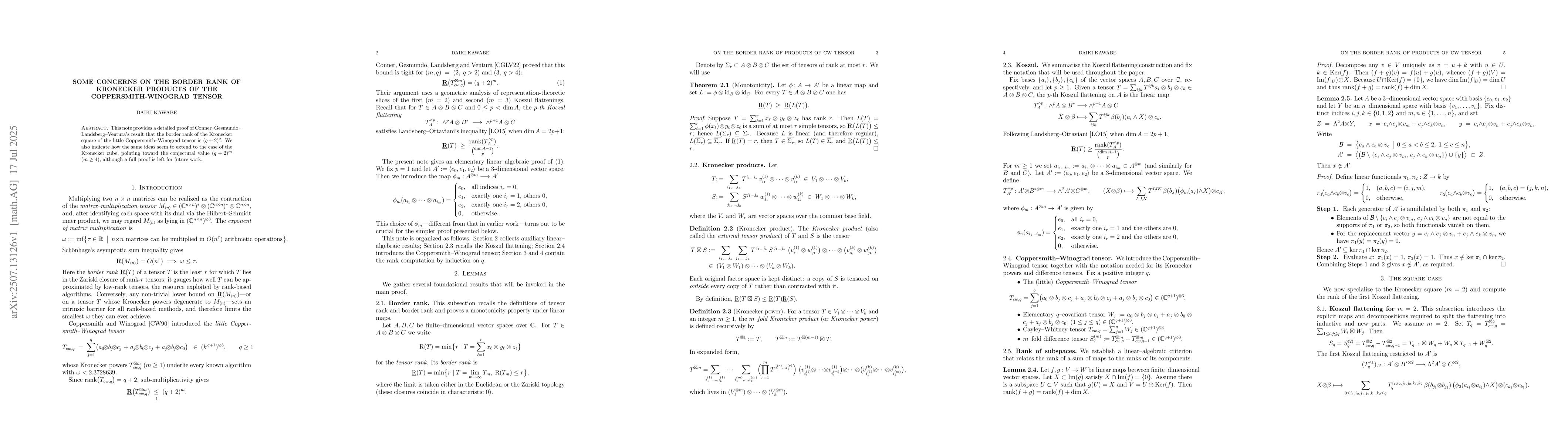 Thumbnail for Some concerns on the border rank of Kronecker products of the
  Coppersmith-Winograd tensor
