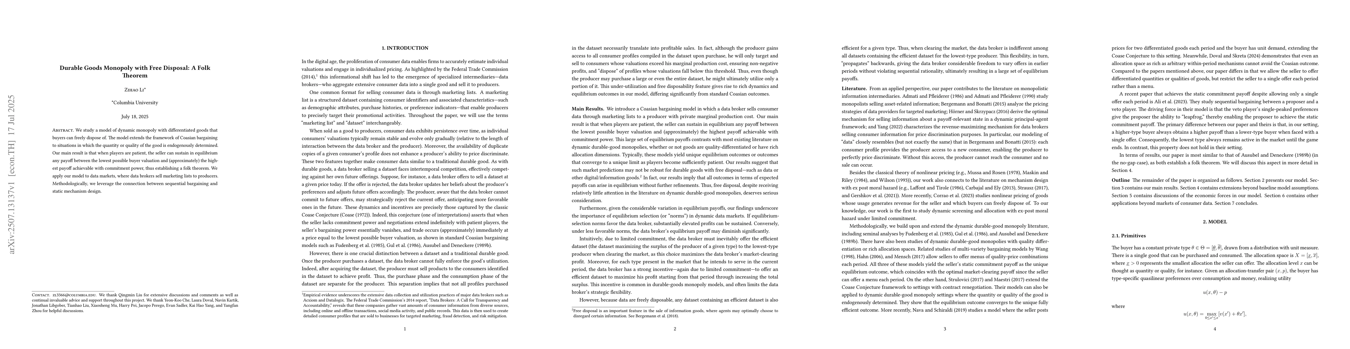 Thumbnail for Durable Goods Monopoly with Free Disposal: A Folk Theorem