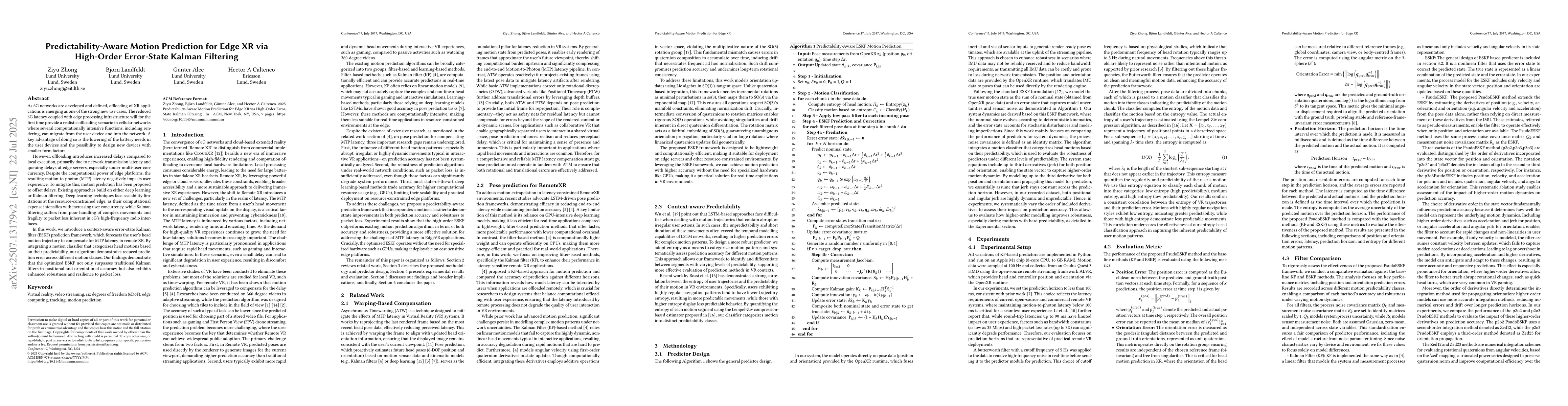 Thumbnail for Predictability-Aware Motion Prediction for Edge XR via High-Order
  Error-State Kalman Filtering