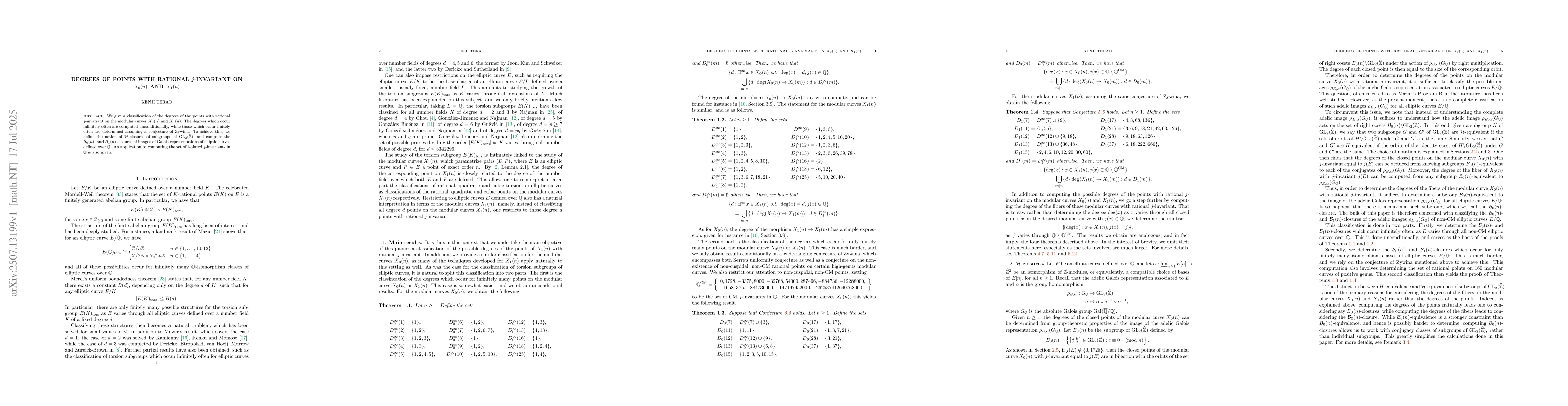 Thumbnail for Degrees of points with rational $j$-invariant on $X_{0}(n)$ and
  $X_{1}(n)$