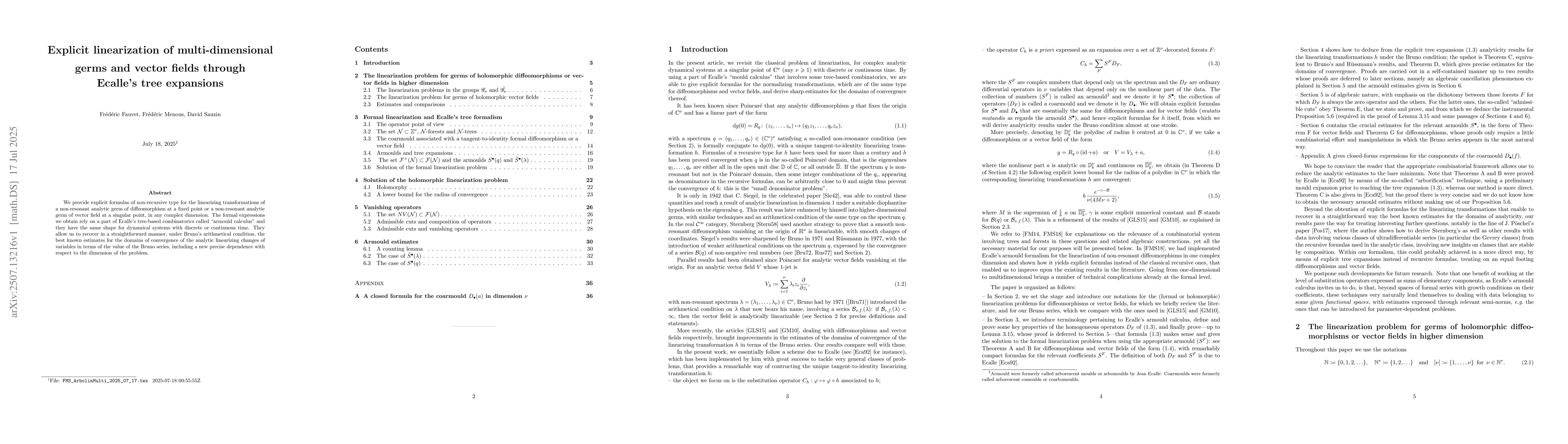 Thumbnail for Explicit linearization of multi-dimensional germs and vector fields
  through Ecalle's tree expansions