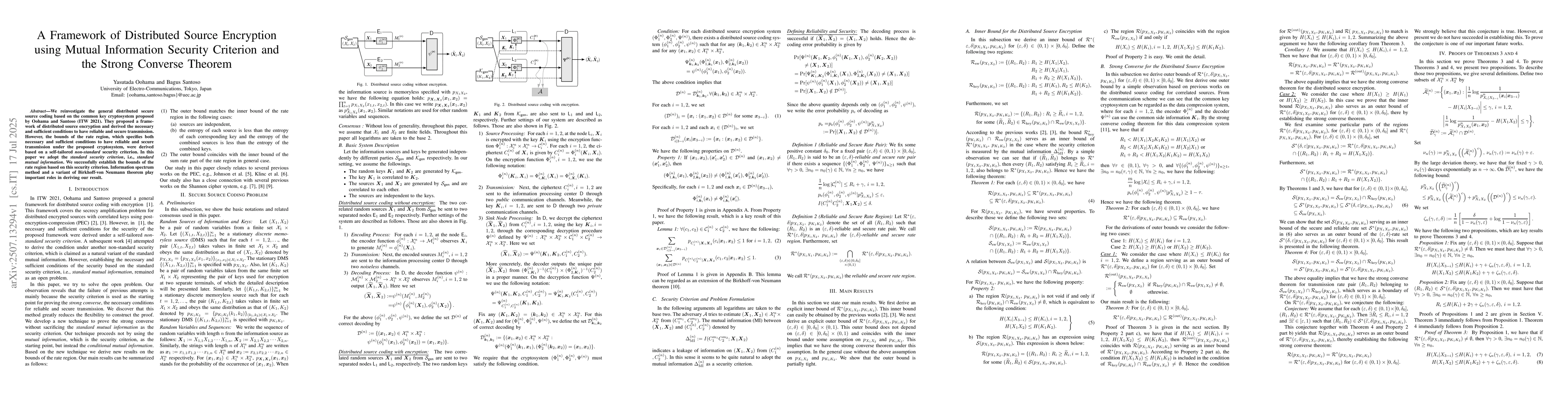 Thumbnail for A Framework of Distributed Source Encryption using Mutual Information
  Security Criterion and the Strong Converse Theorem