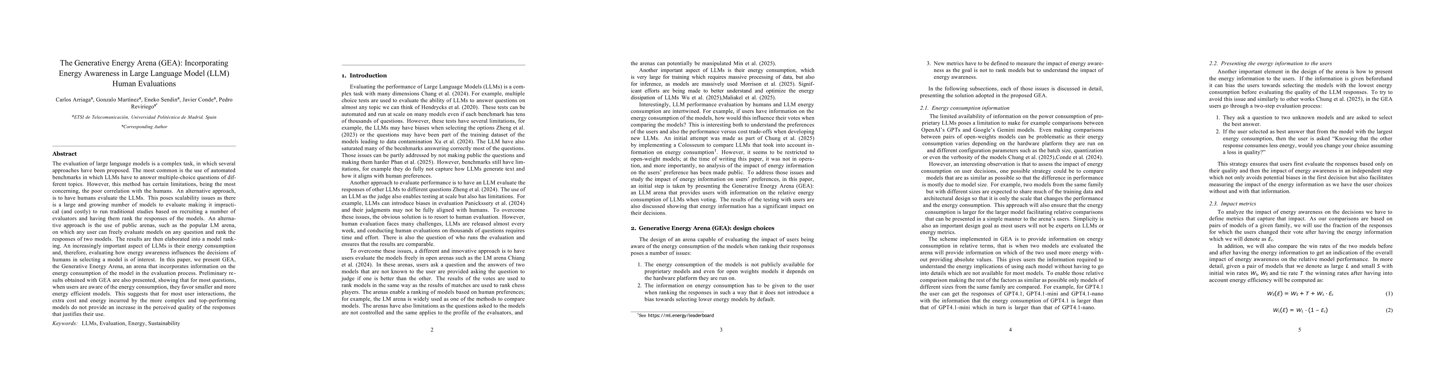 Thumbnail for The Generative Energy Arena (GEA): Incorporating Energy Awareness in
  Large Language Model (LLM) Human Evaluations
