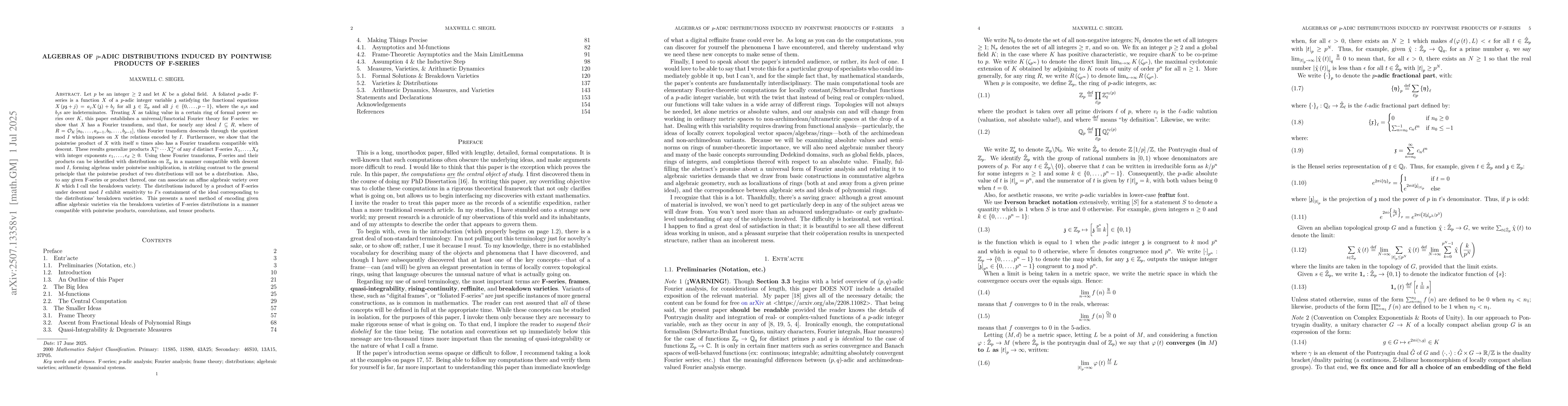 Thumbnail for Algebras of $p$-Adic Distributions Induced by Pointwise Products of
  F-Series