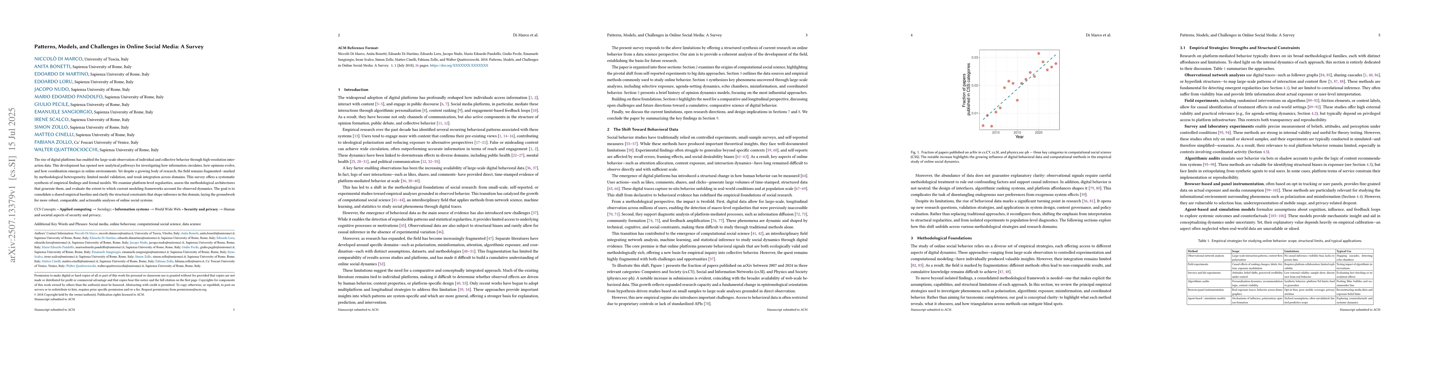 Thumbnail for Patterns, Models, and Challenges in Online Social Media: A Survey