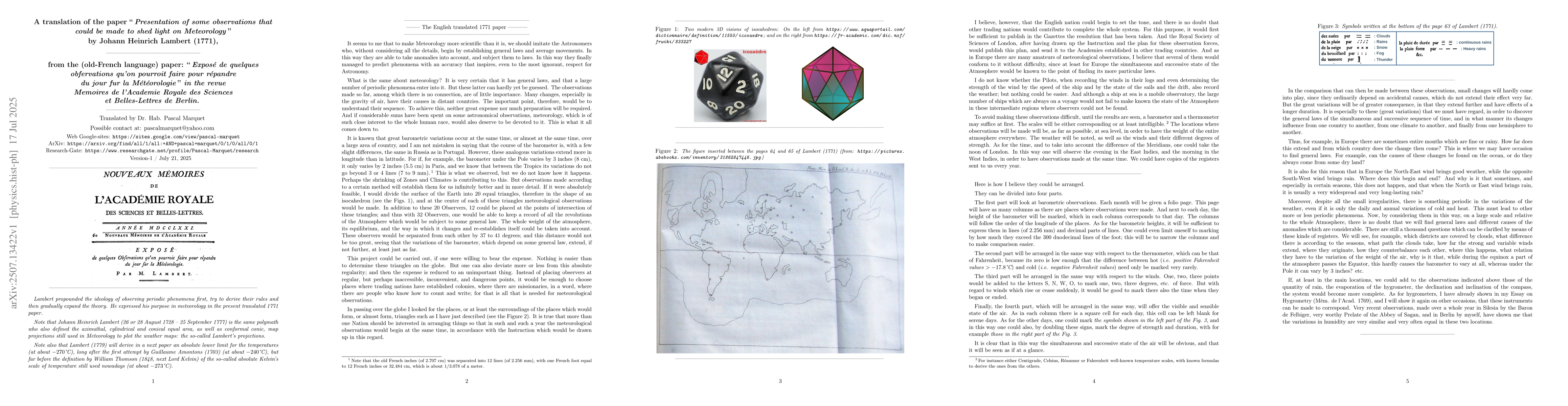 Thumbnail for A translation of the paper "Presentation of some observations that could
  be made to shed light on Meteorology" by Johann Heinrich Lambert (1771)