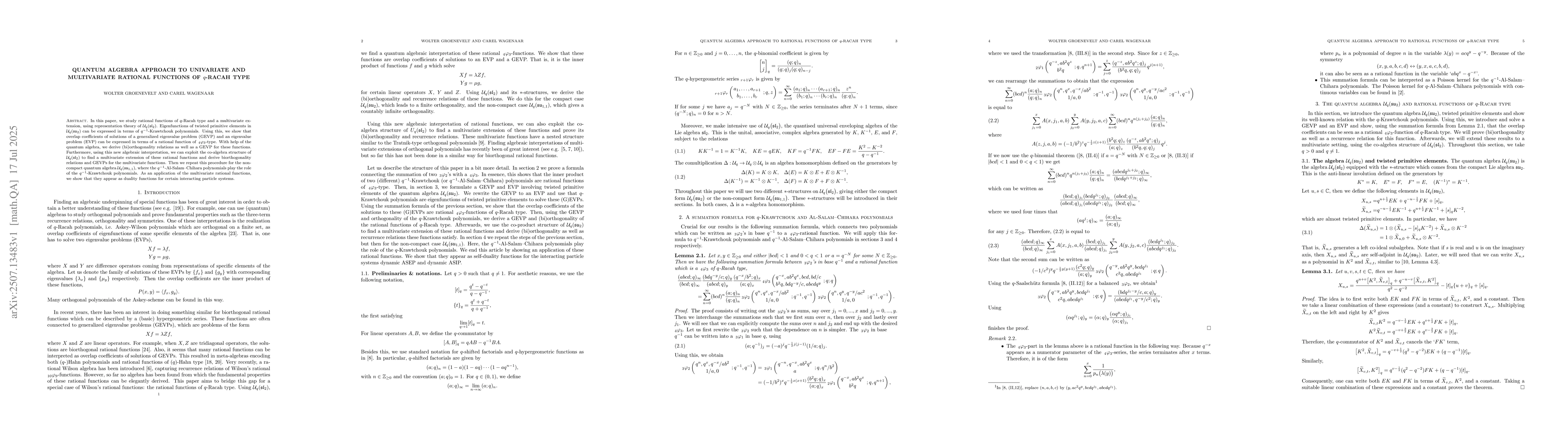 Thumbnail for Quantum algebra approach to univariate and multivariate rational
  functions of $q$-Racah type