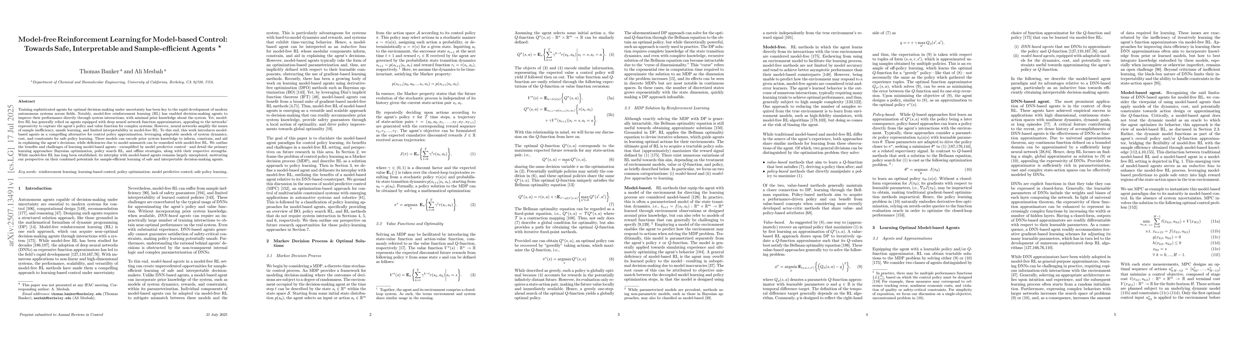 Thumbnail for Model-free Reinforcement Learning for Model-based Control: Towards Safe,
  Interpretable and Sample-efficient Agents