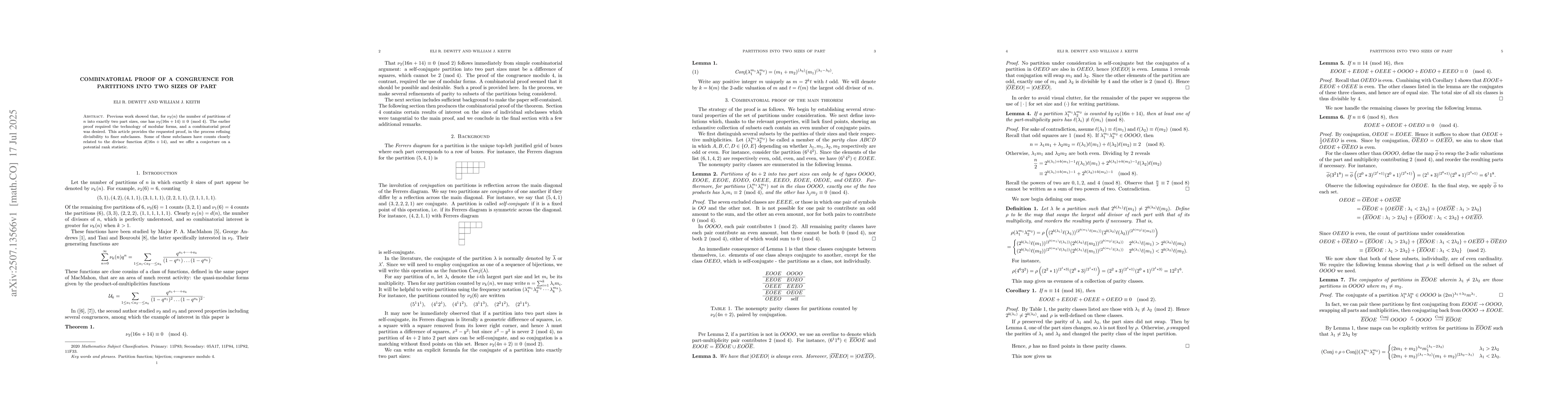 Thumbnail for Combinatorial proof of a congruence for partitions into two sizes of
  part