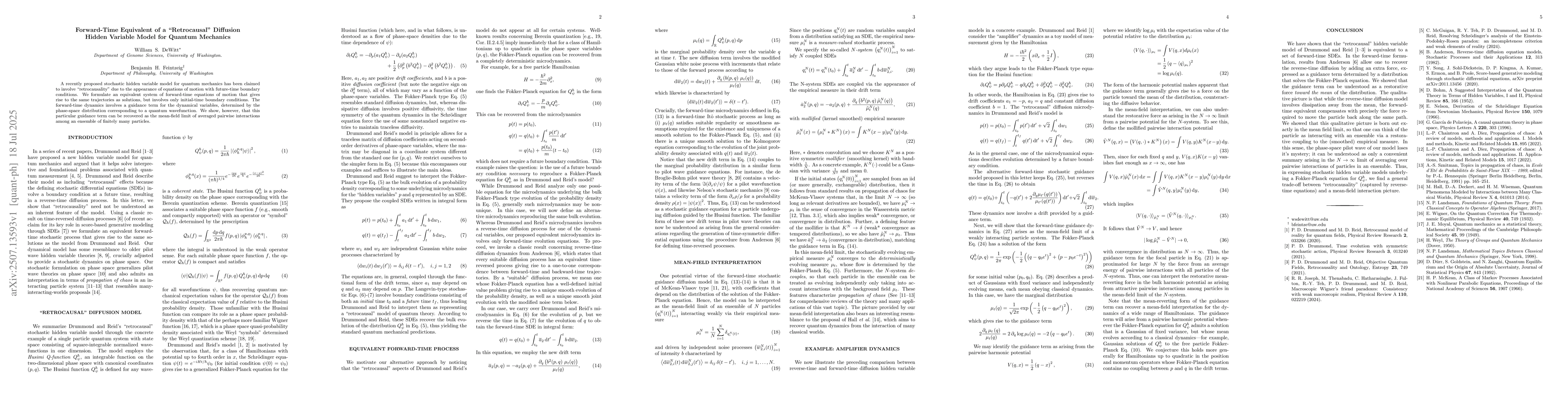 Thumbnail for Forward-Time Equivalent of a "Retrocausal" Diffusion Hidden Variable
  Model for Quantum Mechanics