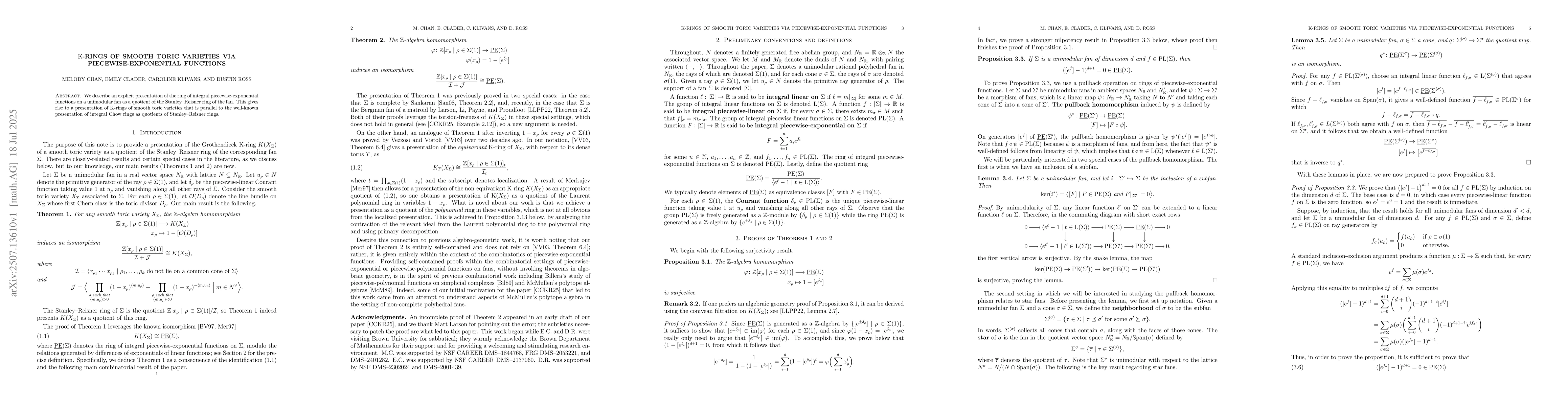 Thumbnail for K-rings of smooth toric varieties via piecewise-exponential functions