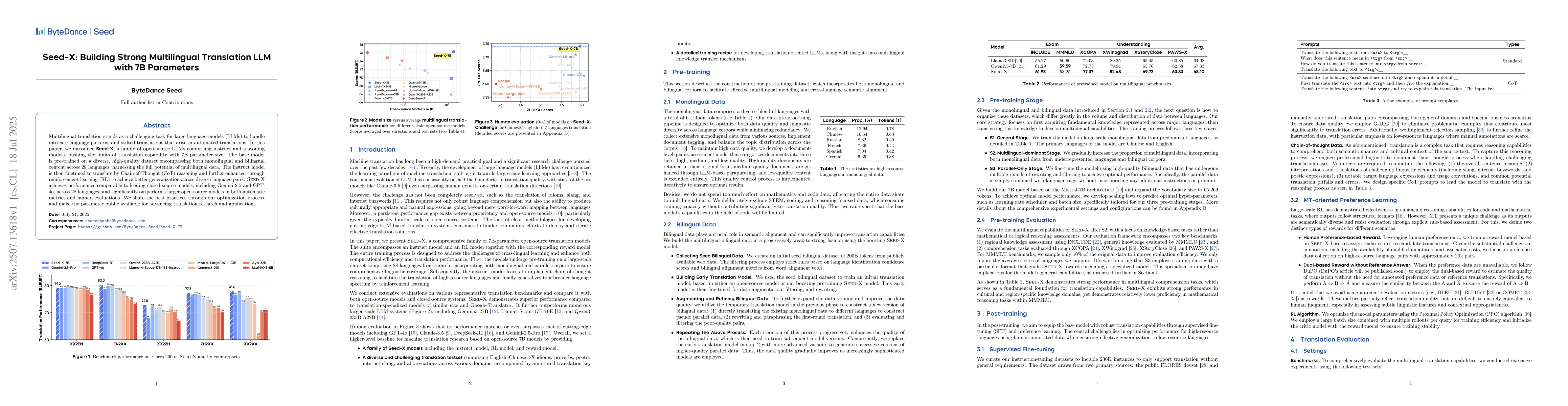 Thumbnail for Seed-X: Building Strong Multilingual Translation LLM with 7B Parameters