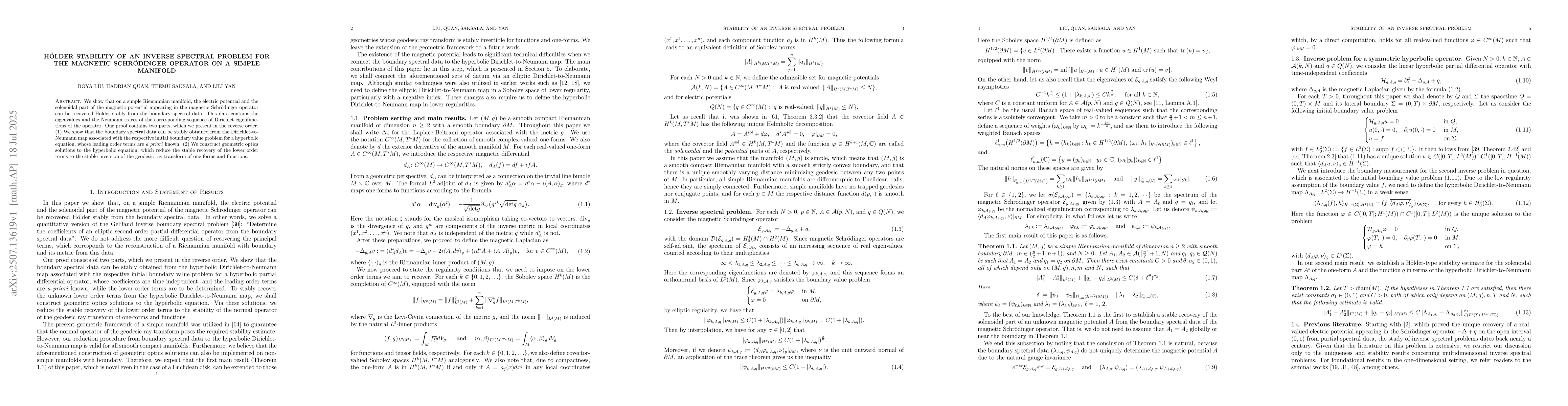 Thumbnail for Hölder stability of an inverse spectral problem for the magnetic
  Schrödinger operator on a simple manifold