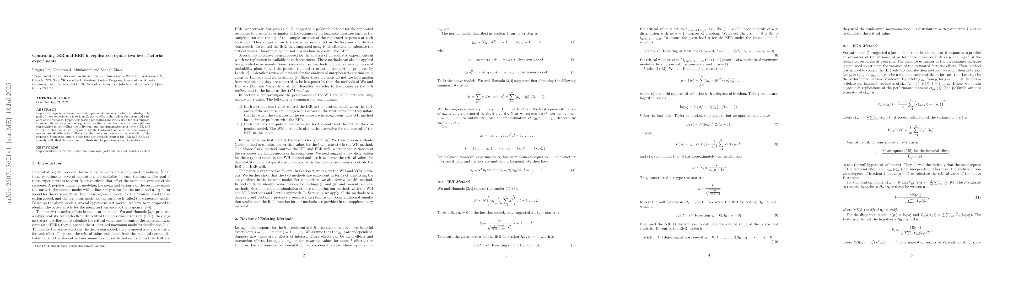 Thumbnail for Controlling IER and EER in replicated regular two-level factorial
  experiments
