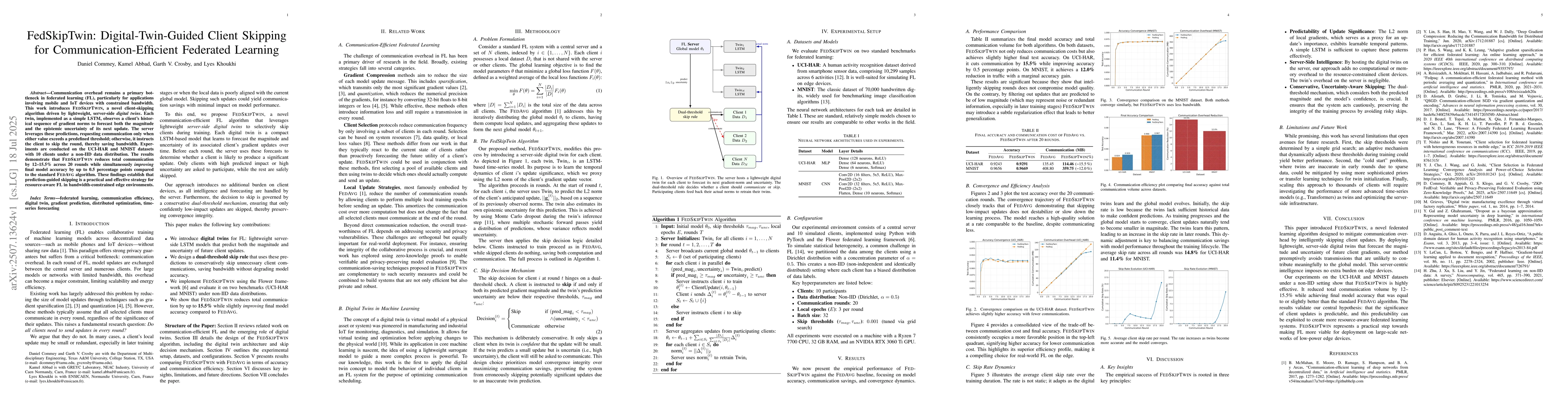 Thumbnail for FedSkipTwin: Digital-Twin-Guided Client Skipping for
  Communication-Efficient Federated Learning