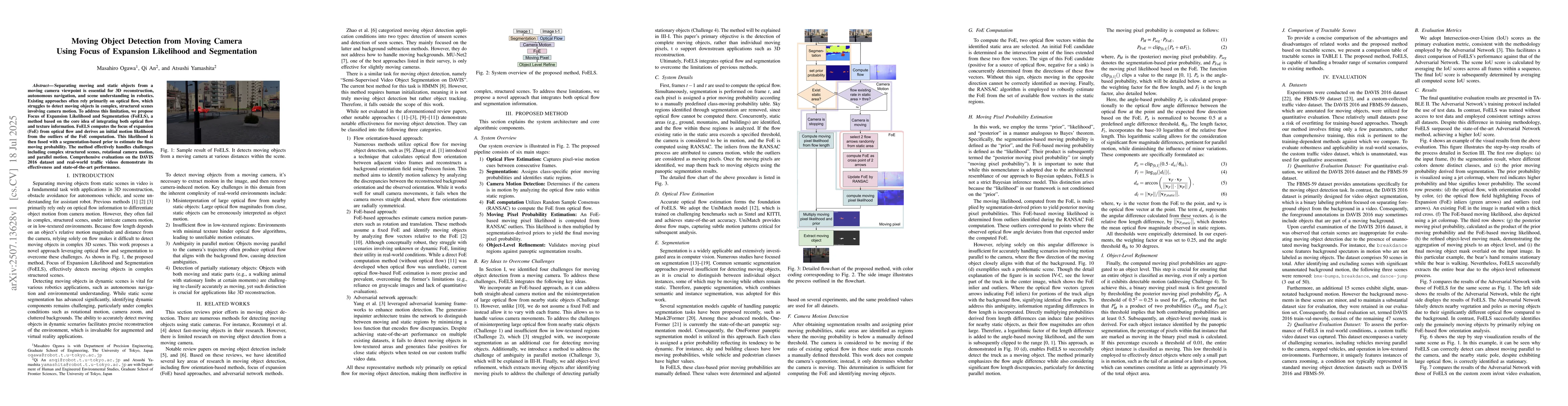 Thumbnail for Moving Object Detection from Moving Camera Using Focus of Expansion
  Likelihood and Segmentation