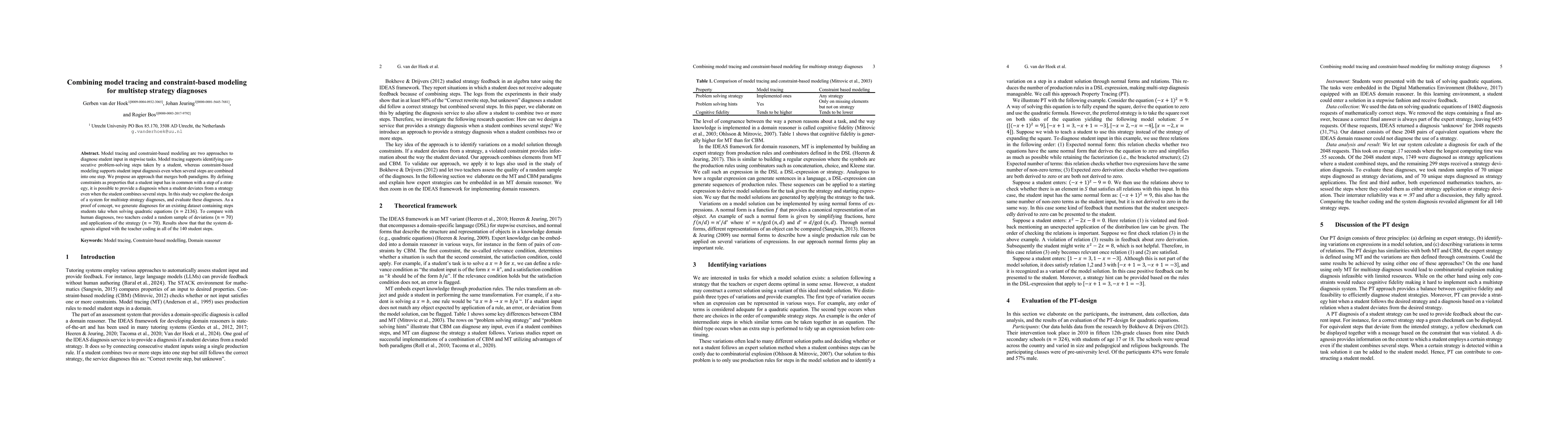 Thumbnail for Combining model tracing and constraint-based modeling for multistep
  strategy diagnoses