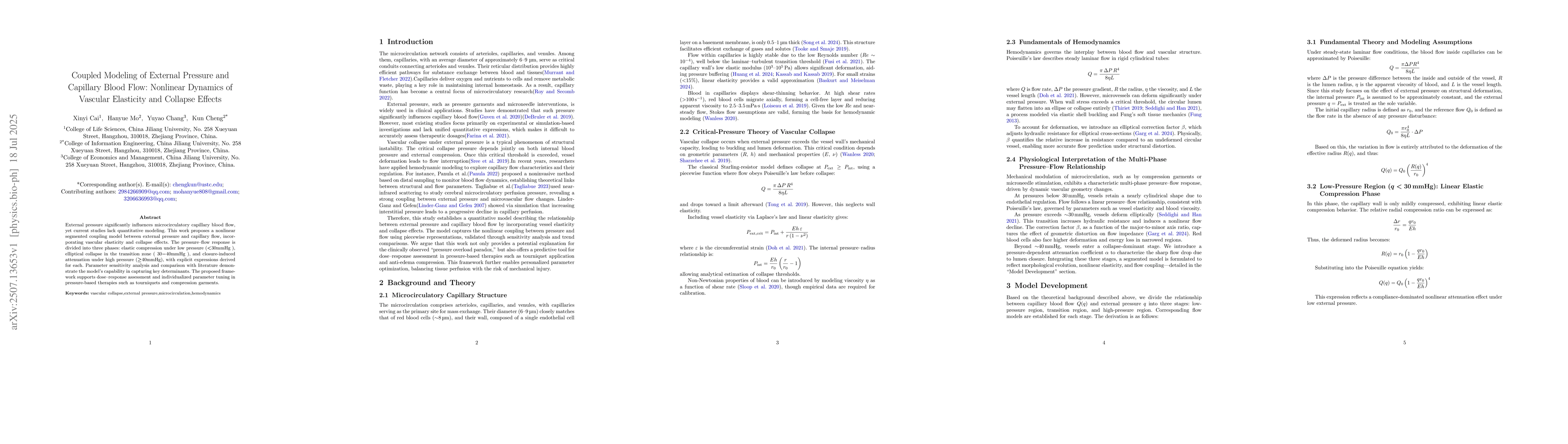 Thumbnail for Coupled Modeling of External Pressure and Capillary Blood Flow:
  Nonlinear Dynamics of Vascular Elasticity and Collapse Effects