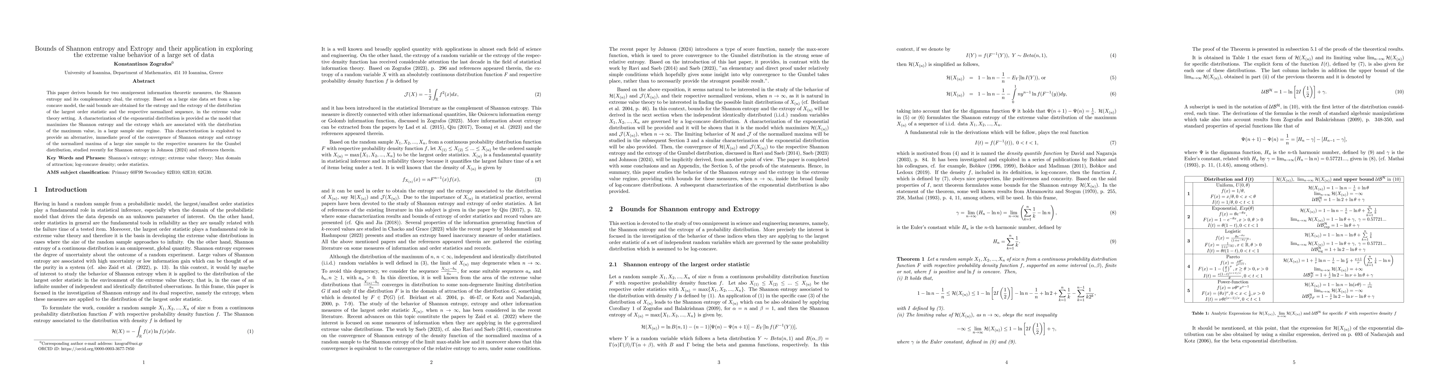 Thumbnail for Bounds of Shannon entropy and Extropy and their application in exploring
  the extreme value behavior of a large set of data