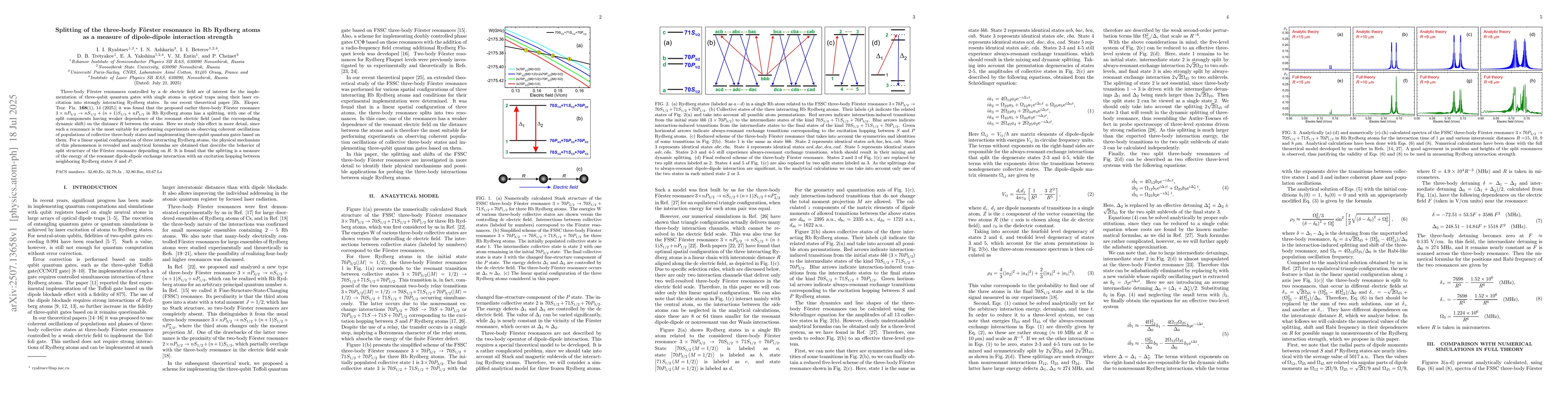 Thumbnail for Splitting of the three-body Förster resonance in Rb Rydberg atoms as a
  measure of dipole-dipole interaction strength