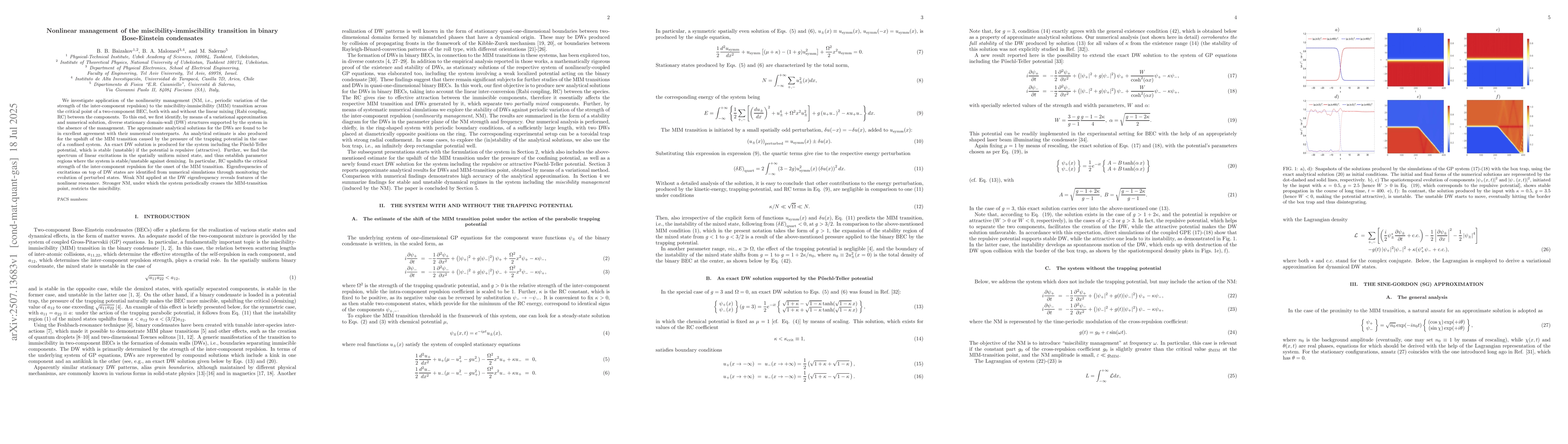Thumbnail for Nonlinear management of the miscibility-immiscibility transition in
  binary Bose-Einstein condensates