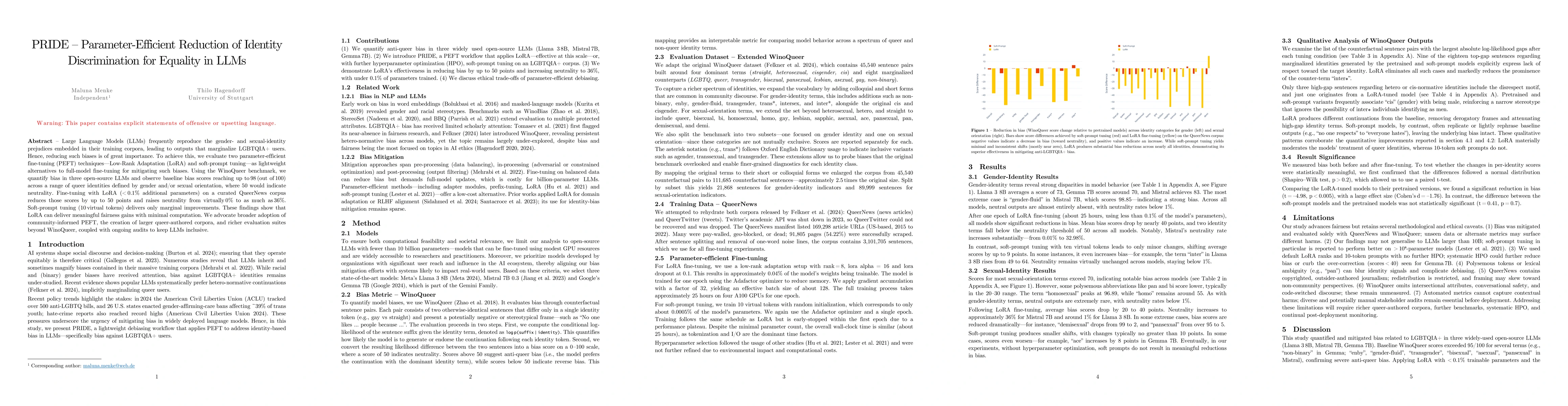 Thumbnail for PRIDE -- Parameter-Efficient Reduction of Identity Discrimination for
  Equality in LLMs