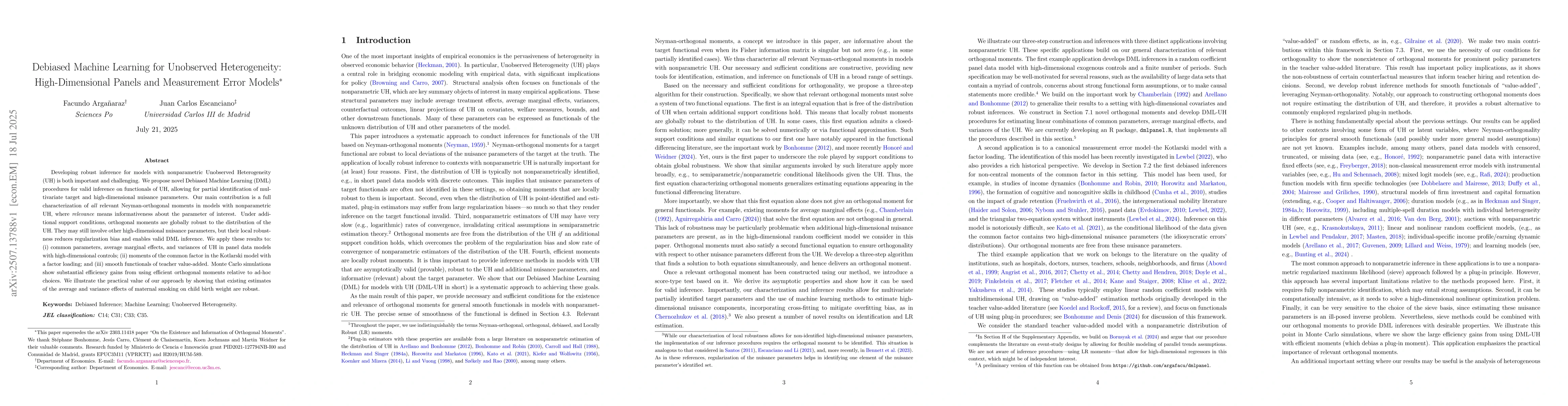 Thumbnail for Debiased Machine Learning for Unobserved Heterogeneity: High-Dimensional
  Panels and Measurement Error Models