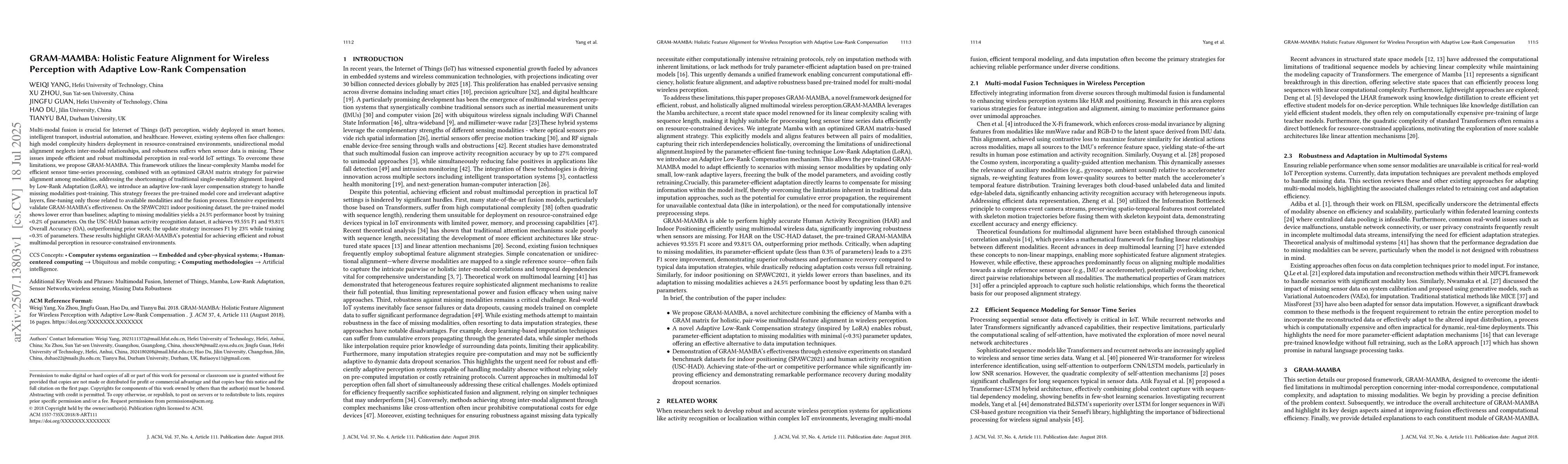 Thumbnail for GRAM-MAMBA: Holistic Feature Alignment for Wireless Perception with
  Adaptive Low-Rank Compensation
