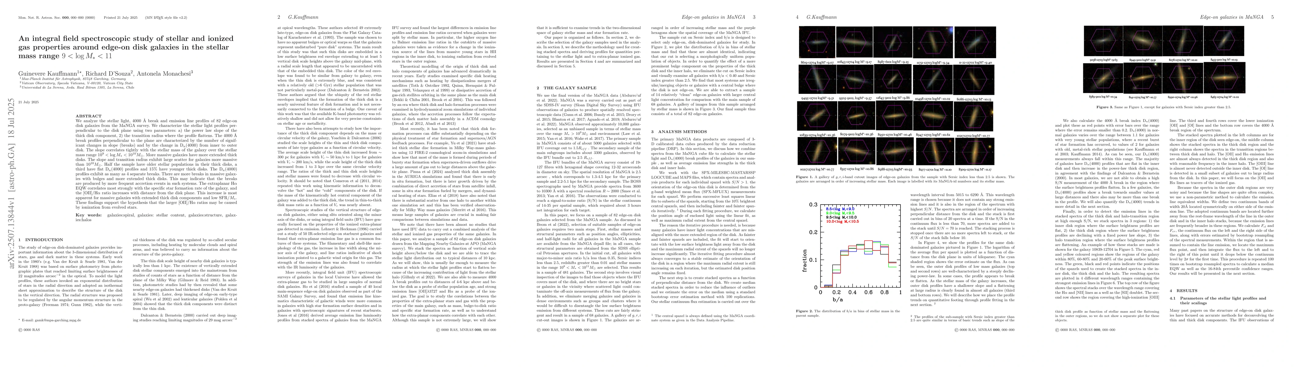 Thumbnail for An integral field spectroscopic study of stellar and ionized gas
  properties around edge-on disk galaxies in the stellar mass range 9<log M*<11