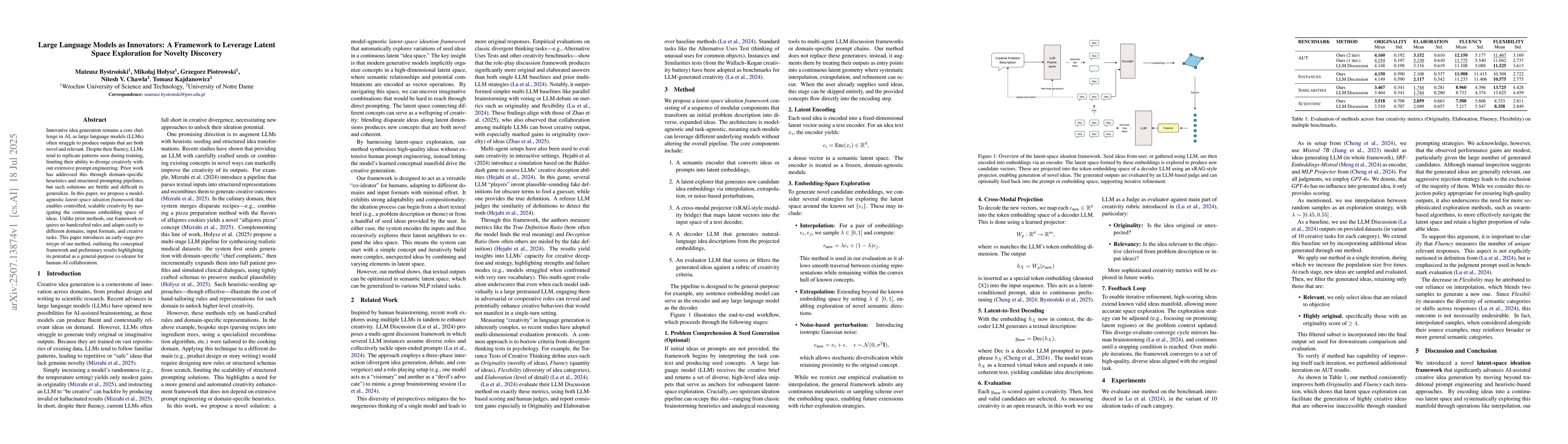 Thumbnail for Large Language Models as Innovators: A Framework to Leverage Latent
  Space Exploration for Novelty Discovery