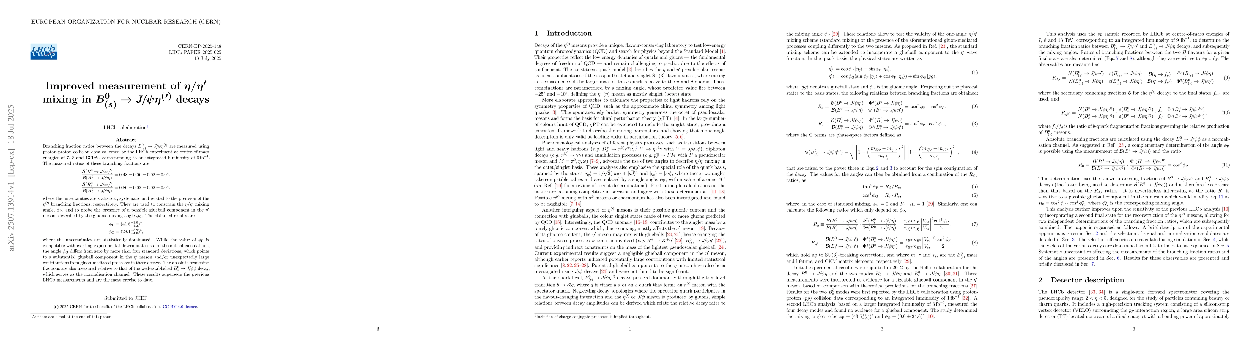 Thumbnail for Improved measurement of $η/ η^{\prime}$ mixing in $B^{0}_{(s)}
  \rightarrow J/ψη^{(\prime)}$ decays