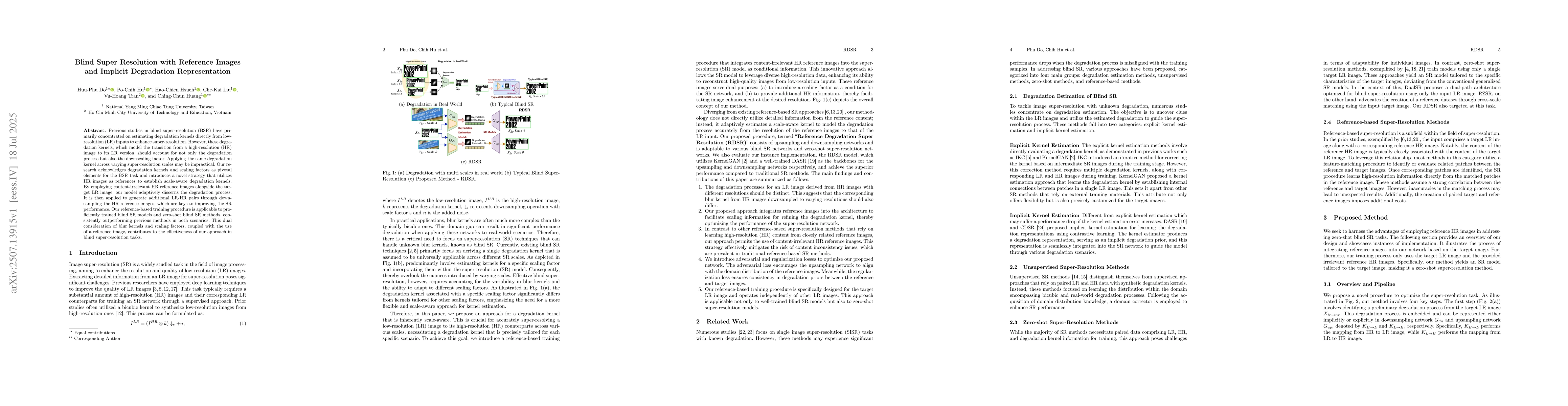 Thumbnail for Blind Super Resolution with Reference Images and Implicit Degradation
  Representation